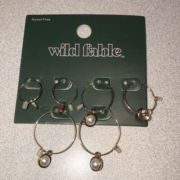 Wild Fable Earring Trio Set Gold Tone Hoops, Dangle Pearl, Roses Nickel Free New - Picture 7 of 7